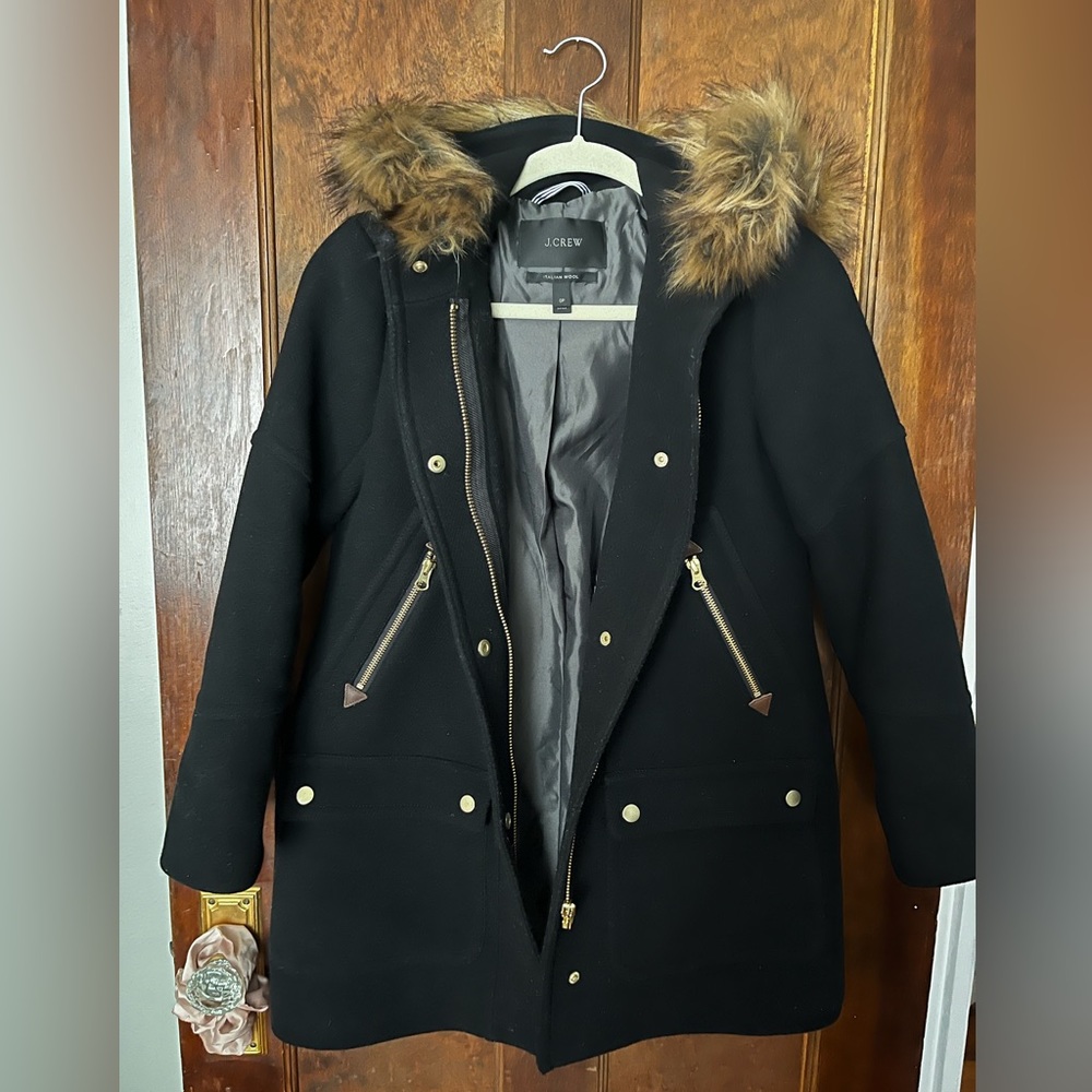 J Crew Stadium Wool Coat Black Like New detachable hood
